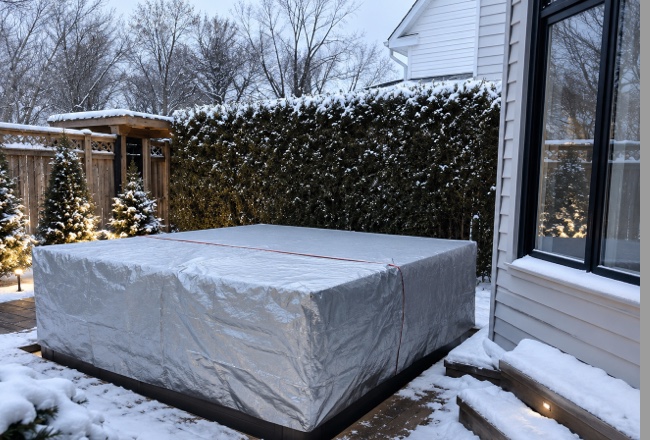 Completed spa closing with a grey protective cover secured by a red cord, on a snow-covered deck near the house.