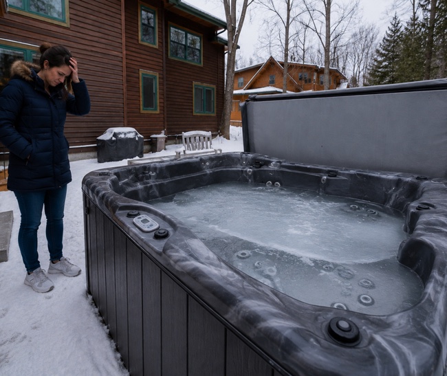 Concerned person looking at the frozen water in an outdoor spa with its cover open, illustrating the risks of an improperly performed spa closing.