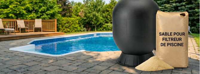 Pool filter tank with a bag of filter sand ready for replacement