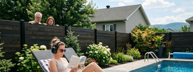 Person reading beside a residential pool, illustrating a peaceful backyard affected by a noisy pool pump.