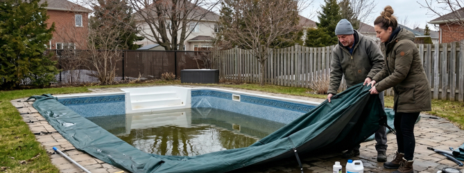 Two people remove the winter cover from an inground pool in spring before cleaning and opening.